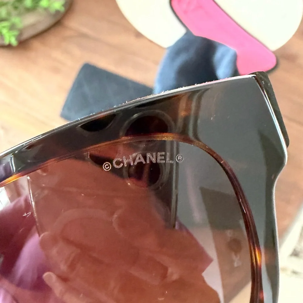 CHANEL Dark Tortoise Sunglasses with Gold Logo Accent